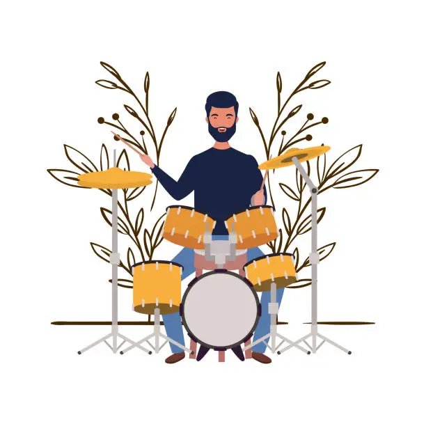 Vector illustration of man with drum kit and branches and leaves in the background