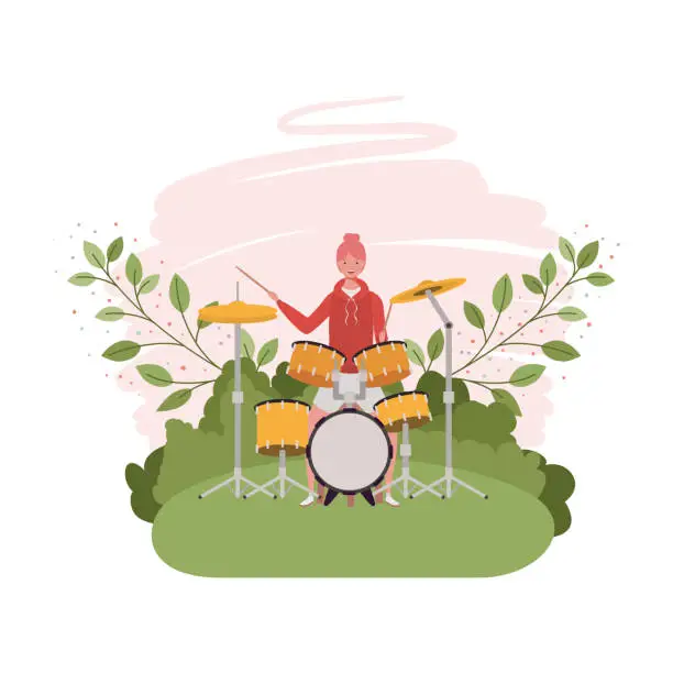 Vector illustration of woman with drum kit and branches and leaves in the background