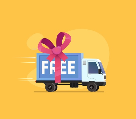 Free shipping vector illustration. Isolated cartoon delivery truck with pink bow.