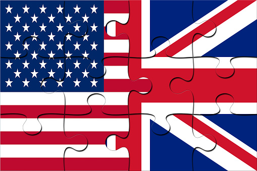 American and British Flag Jigsaw Puzzle Pieces. Partnership Concept