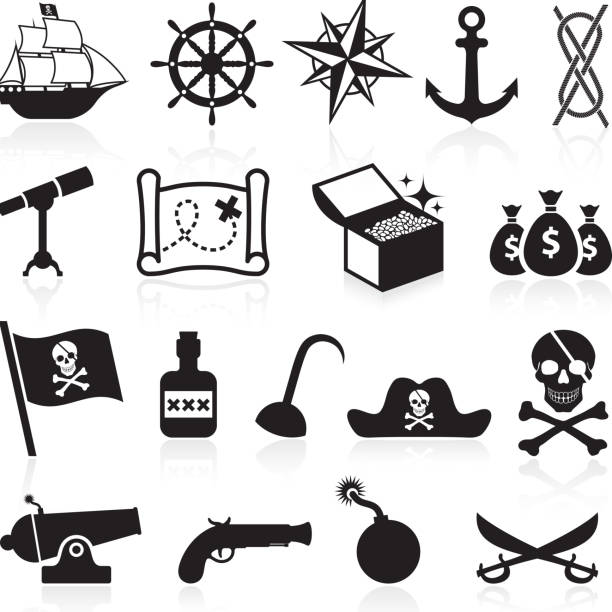 ilustrações de stock, clip art, desenhos animados e ícones de pirata preto e branco vector conjunto de ícones royalty free - anchor and rope