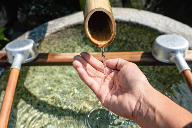 Close up flowing water from faucet run down into female hands