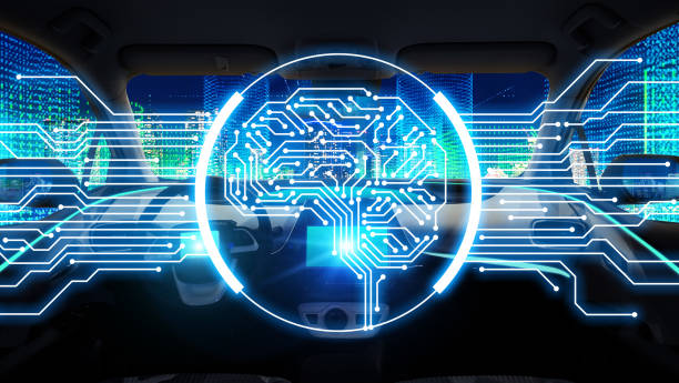 AI (Artificial Intelligence)  and autonomous car concept. Electronic circuit. Communication network.