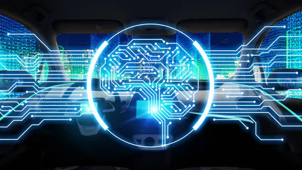Photo of AI (Artificial Intelligence)  and autonomous car concept. Electronic circuit. Communication network.