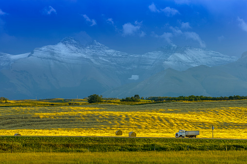 Farm in the rocky mountain foothills of rural Alberta Canada
