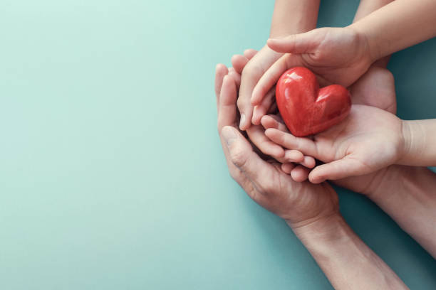 manos de adultos y niños sosteniendo el corazón rojo sobre el fondo del agua, salud del corazón, donación, concepto de rsec, día mundial del corazón, día mundial de la salud, día de la familia - día de san valentín festivo fotografías e imágenes de stock