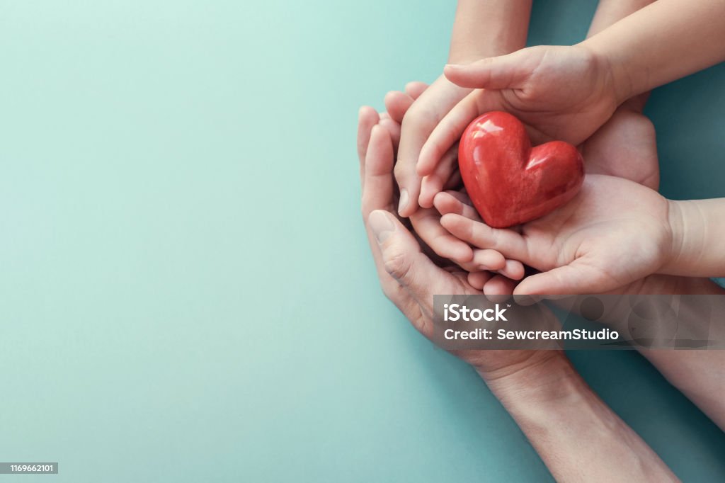 adult and child hands holding red heart on aqua background, heart health, donation, CSR concept, world heart day, world health day, family day Healthcare And Medicine Stock Photo