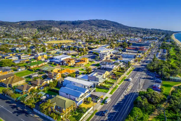 Aerial view of residential real estate in Dromana suburb on Mornington Peninsula, Victoria, Australia