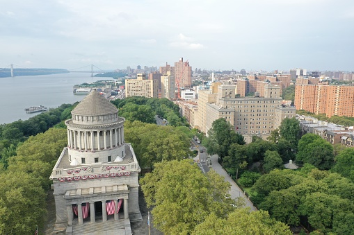 Aerial photos of West Harlem and Grants Tomb just below the George Washington Bridge. A view of west side highway and West Harlem with Hudson River and Lower Manhattan in background