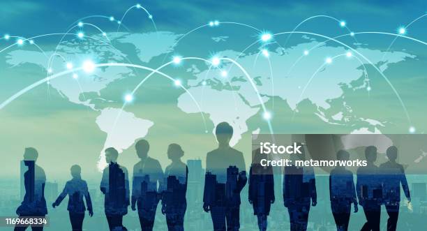 Global Network Concept Map Of Japan And Group Of People Stock Photo - Download Image Now