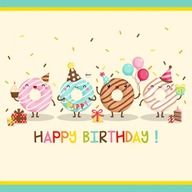 Vector illustration of A Cute Card Vector of Cheerful Donut Celebrating Birthday with Many Gifts and Balloons