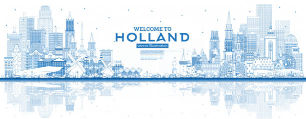 stockillustraties, clipart, cartoons en iconen met welkom bij de skyline van nederland met grijze gebouwen en blauwe lucht. - den haag