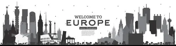 Vector illustration of Welcome to Europe Skyline Silhouette with Black Buildings Isolated on White.