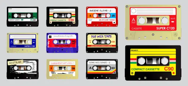 Vector illustration of set of cassette retro audio.