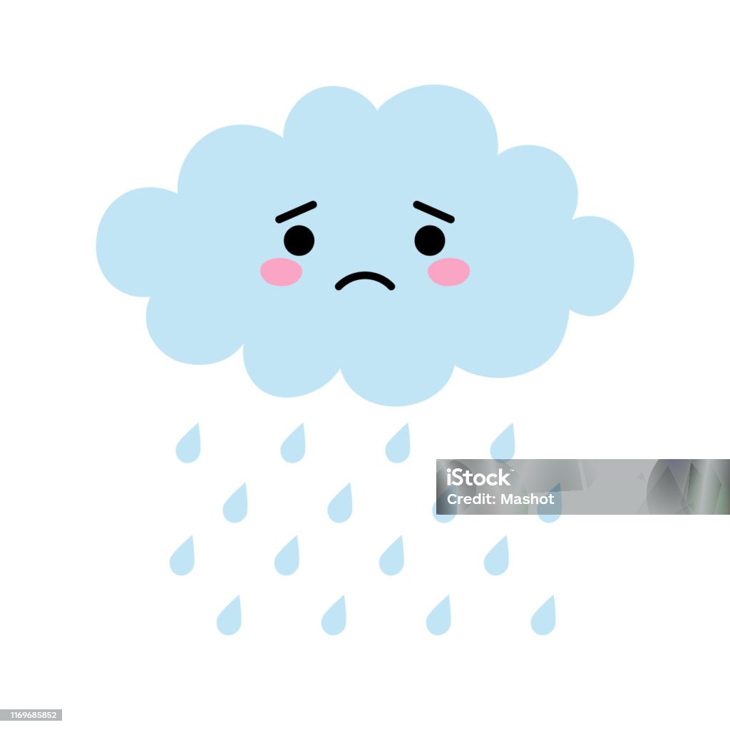 Cute Cartoon Kawaii Blue Cloud With Rain Drops With Sad Face Emotion  Weeping Cloud Vector Illustration Stock Illustration - Download Image Now -  iStock