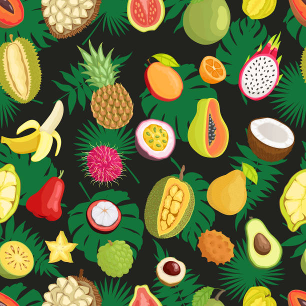 illustrations, cliparts, dessins animés et icônes de tropical exotic fruits green leaf seamless pattern (en) - kawani fruit