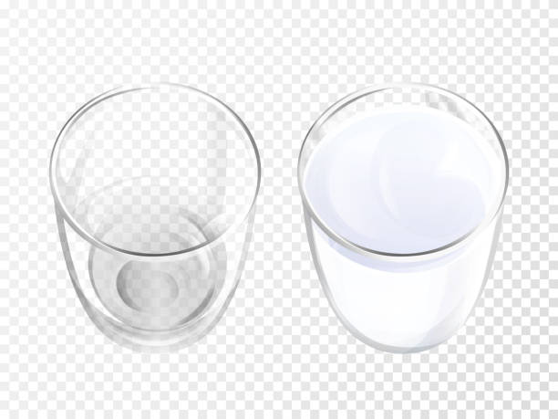 Milk glass vector illustration realistic crockery Milk glass 3D vector illustration of realistic crockery for dairy drink or yogurt top view. Isolated empty and full crystal glasses or glassware mockup template models set on transparent background glass of milk transparent background stock illustrations