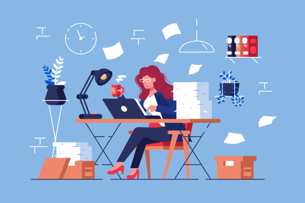 Large amount of work Large amount of work vector illustration. Busy overworked woman sitting at table with laptop and pile of papers in office flat style design. Workflow in full swing secretary stock illustrations