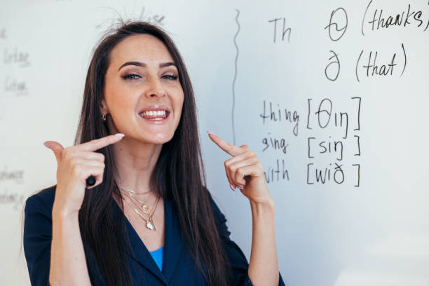 English lesson Teacher shows how to pronounce the sounds stock photo