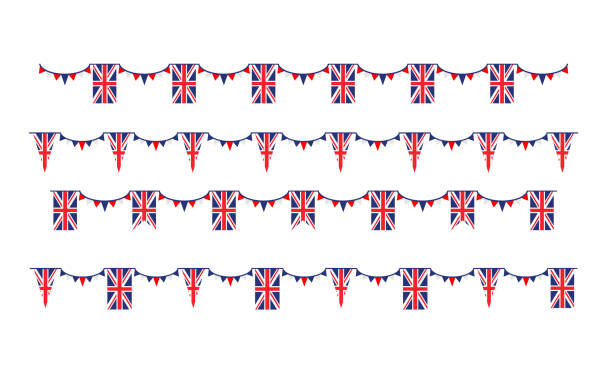 United Kingdom flag banner Union Jack flag and objects for design. Decorations symbols set. United Kingdom symbols set flag, badge, emblem bunting stock illustrations