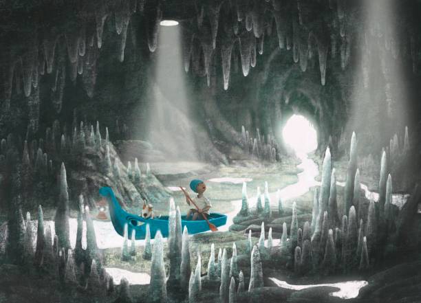 istock Hope concept illustration. boy paddle green boat with his cute dog in cave 1169706250