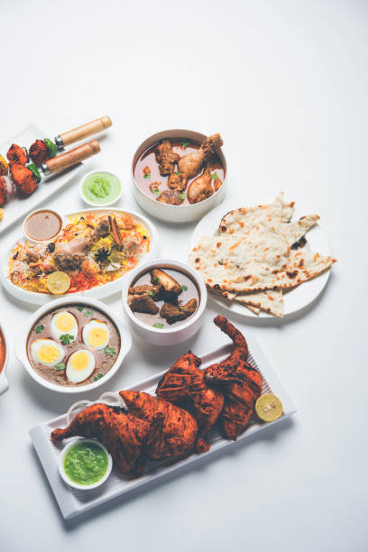 verschiedene indische nicht vegetarische küche rezept in einer gruppe serviert. inklusive chicken curry, mutton masala, anda/egg curry, butter huhn, biryani, tandoori murg, chicken-tikka und naan/roti - nonvegetarian stock-fotos und bilder