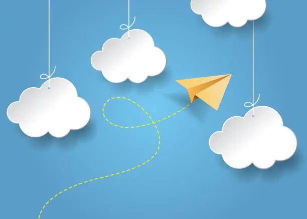 Vector illustration of Flying paper airplane. Plane and clouds with shadow on blue background