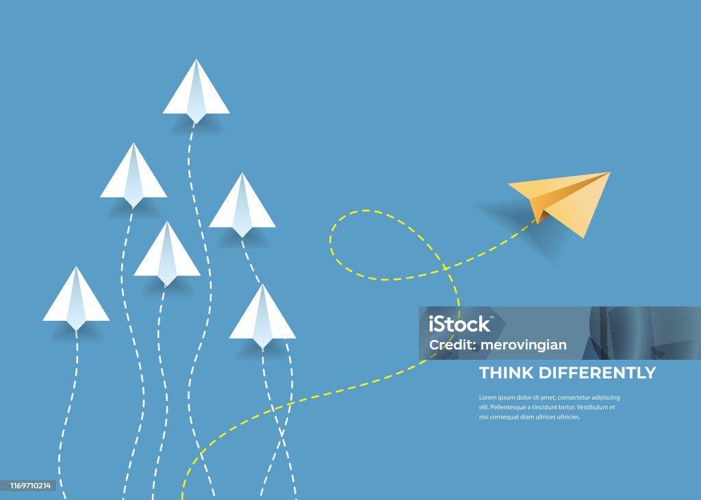Fliegende Papierflugzeuge. Anders denken, Führung, Trends, kreative Lösung und einzigartiges Wegkonzept. Seien Sie anders. - Lizenzfrei Papierflugzeug Vektorgrafik