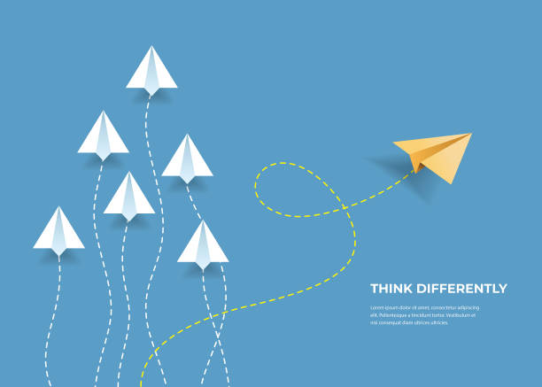 ilustrações, clipart, desenhos animados e ícones de aviões de papel do vôo. pense de forma diferente, liderança, tendências, solução criativa e conceito de forma única. seja diferente. - initiative