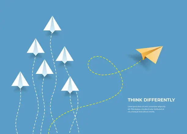 Vector illustration of Flying paper airplanes. Think differently, leadership, trends, creative solution and unique way concept. Be different.