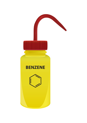 Chemical aid. On the plastic yellow squeeze container is the name benzene and formula of chemical substance. Vector icon is isolated on a white background.