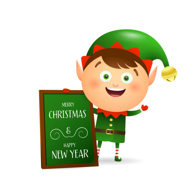 Cute elf wishing Merry Christmas Cute elf wishing Merry Christmas. Signboard, green costume, message. Christmas concept. Realistic vector illustration can be used for greeting cards, New Year banner and poster design santas helpers stock illustrations