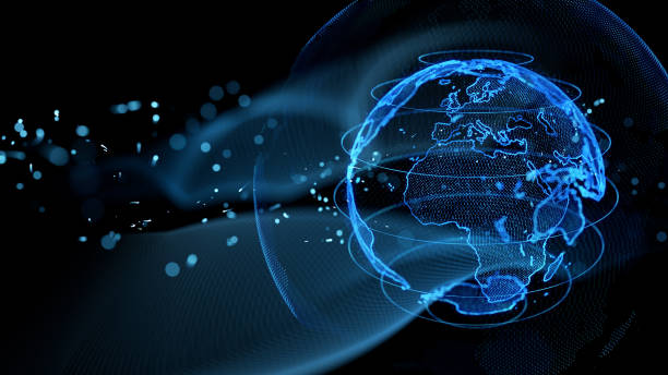 conceito da rede de comunicação. interface gráfica do usuário. - globe planet computer network communication - fotografias e filmes do acervo