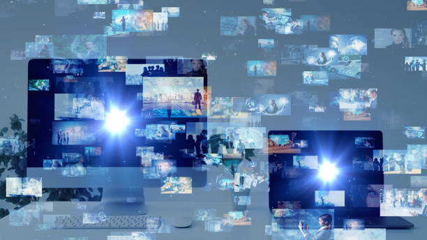 istock Computer display and hologram screens. Streaming video. Social media. 1169711563