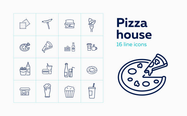 Pizza house icons Pizza house icons. Set of line icons. Lunch, snack, drink. Food concept. Vector illustration can be used for topics like fastfood, food service, restaurant pizza symbols stock illustrations