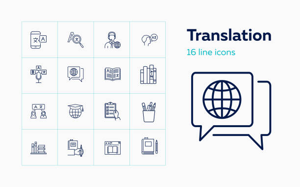 illustrations, cliparts, dessins animés et icônes de icônes de traduction. ensemble d'icônes de ligne - linguist
