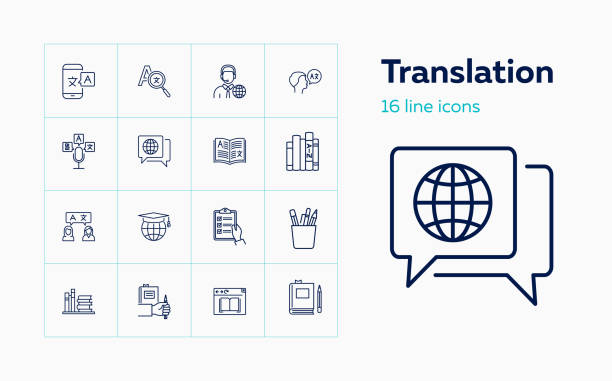 Translation icons. Set of line icons Translation icons. Set of line icons. Dictionary, online translator, language. Linguistics concept. Vector illustration can be used for topics like education, communication, applications english culture stock illustrations