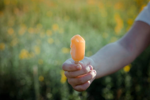 mãos da mulher que prendem o gelado de derretimento alaranjado sherbet o fundo do dia ensolarado da luz natural do verão. põr sua mão colocada ao céu azul - arms raised people orange blue - fotografias e filmes do acervo