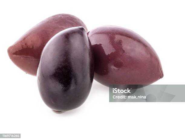 Purple Kalamata Olives Isolated On White Background Stock Photo - Download Image Now
