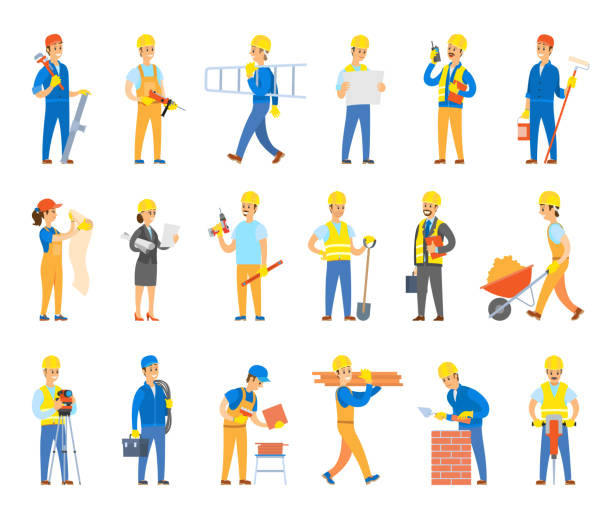 Builders and Engineers with Tools and Bricks Set Builders and engineers with tools, bricks or tiles set. Workers in hardhats hold ladder, spade near wheelbarrow, toolkit, drill vector illustrations. building contractor illustrations stock illustrations