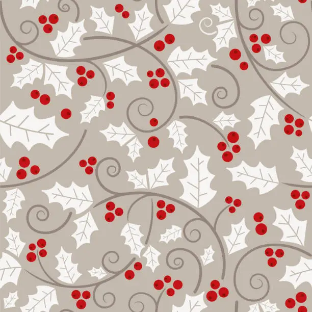 Vector illustration of Christmas holly vines and leaf seamless pattern.