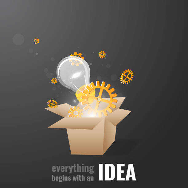 istock Box with gears, light bulb and bokeh lights, innovation smart inspiration industry intention 1169717774