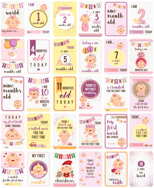 illustrazioni stock, clip art, cartoni animati e icone di tendenza di carta card card milestone bambina - diaper baby crawling cartoon