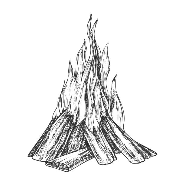 伝統的な燃焼焚き火モノクロベクトル - キャンプファイヤー イラスト点のイラスト素材／クリップアート素材／マンガ素材／アイコン素材