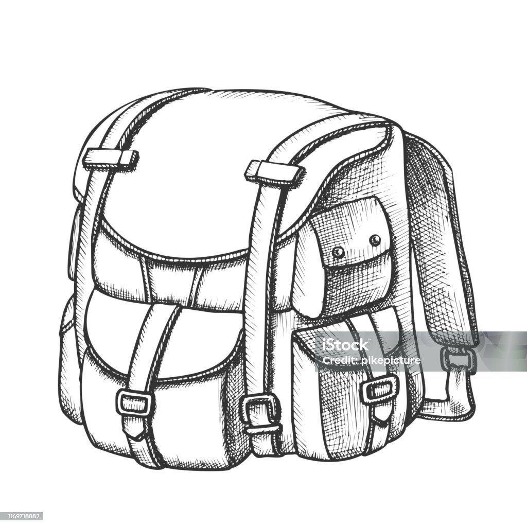 Tourist Travel Backpack Suitcase Monochrome Vector Tourist Travel Backpack Suitcase Monochrome Vector. Standing Suitcase Bag For Trip Accessories. Baggage Case For Extreme Adventure Vacation Designed In Retro Style Black And White Illustration Adventure stock vector
