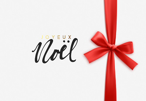 French lettering Joyeux Noel. Merry Christmas Holiday background. Handwritten text, realistic textured pattern, pull ribbon bow.