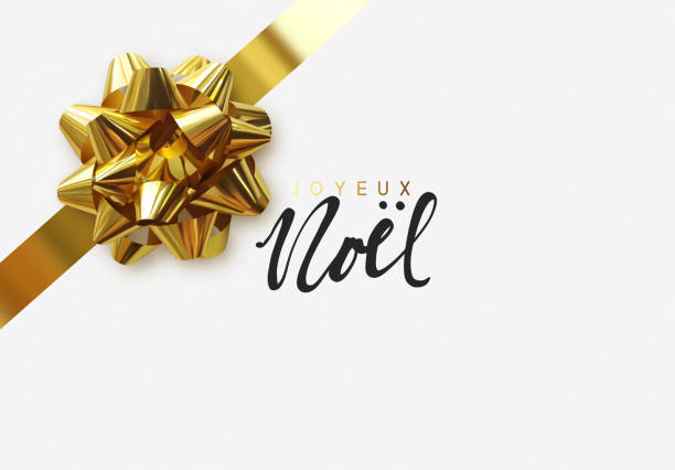 French lettering Joyeux Noel. Merry Christmas Holiday background. French lettering Joyeux Noel. Merry Christmas Holiday background. Greeting card with lush gold bow bow hair bow ribbon gold stock illustrations