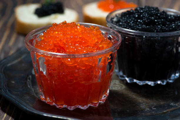 caviar rouge et noir traditionnel et sandwichs, gros plan - caviar photos et images de collection