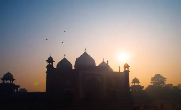 Silhouette of The mosque. Morning sunrise in Worldwonder that in Taj mahal - India