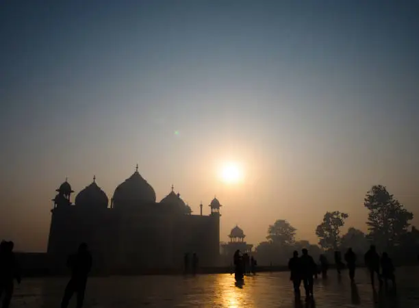 Silhouette of The mosque. Morning sunrise in Worldwonder that in Taj mahal - India